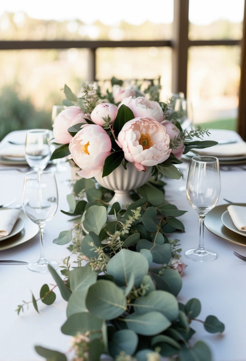 A table adorned with blush peony and eucalyptus garlands, creating an ethereal and romantic wedding centerpiece