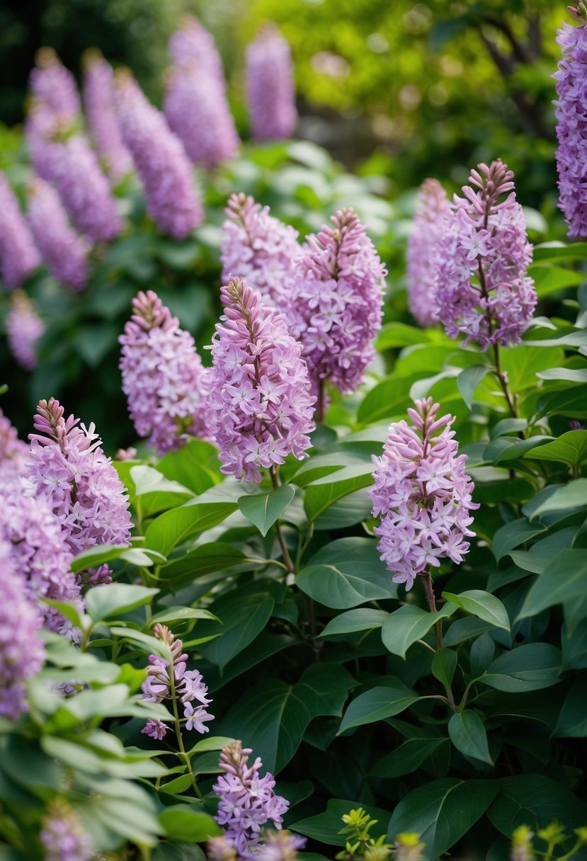 A lush garden with lilac flowers and green foliage, a serene and harmonious color palette for a wedding setting