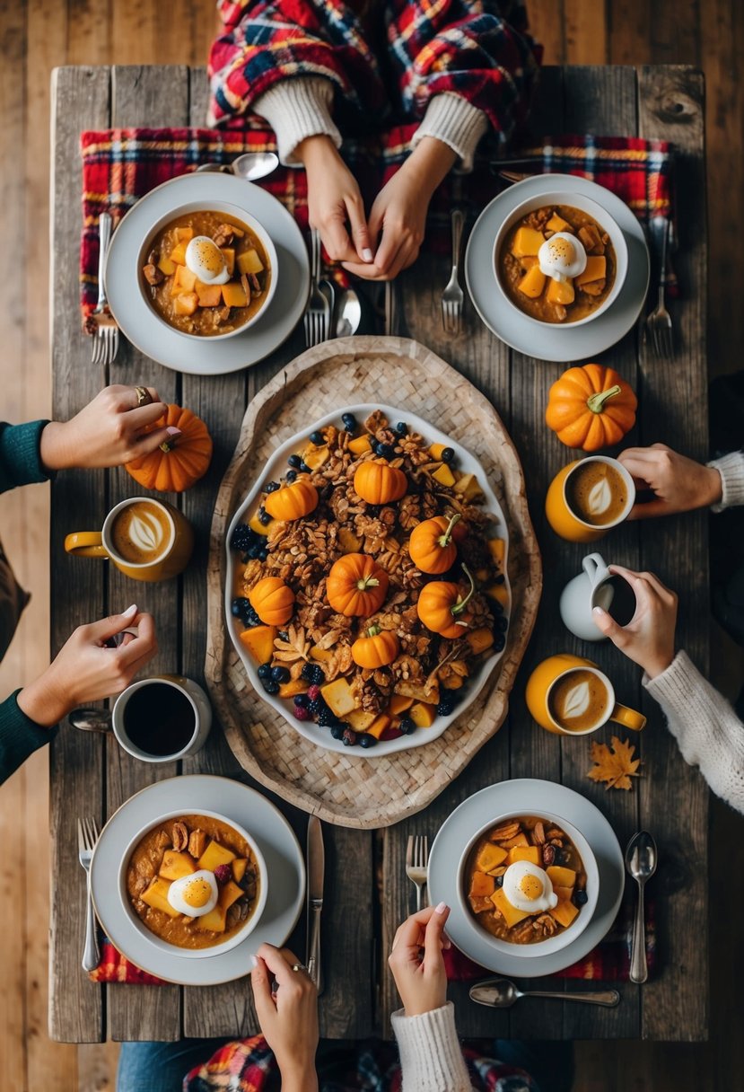 A cozy flannel blanket spread out on a rustic wooden table, surrounded by autumn-themed brunch dishes and mugs of steaming hot beverages