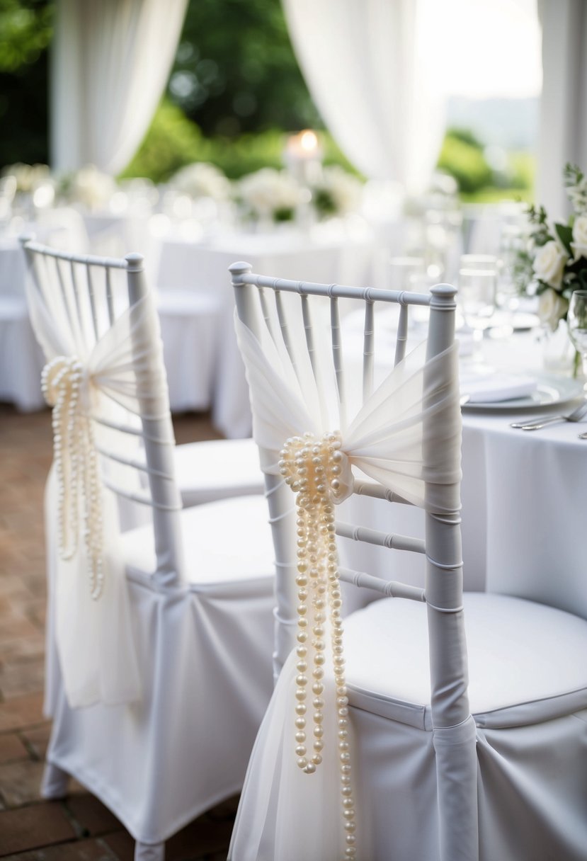 Sheer white chair sashes tied with pearls adorn wedding table, creating an ethereal and elegant atmosphere