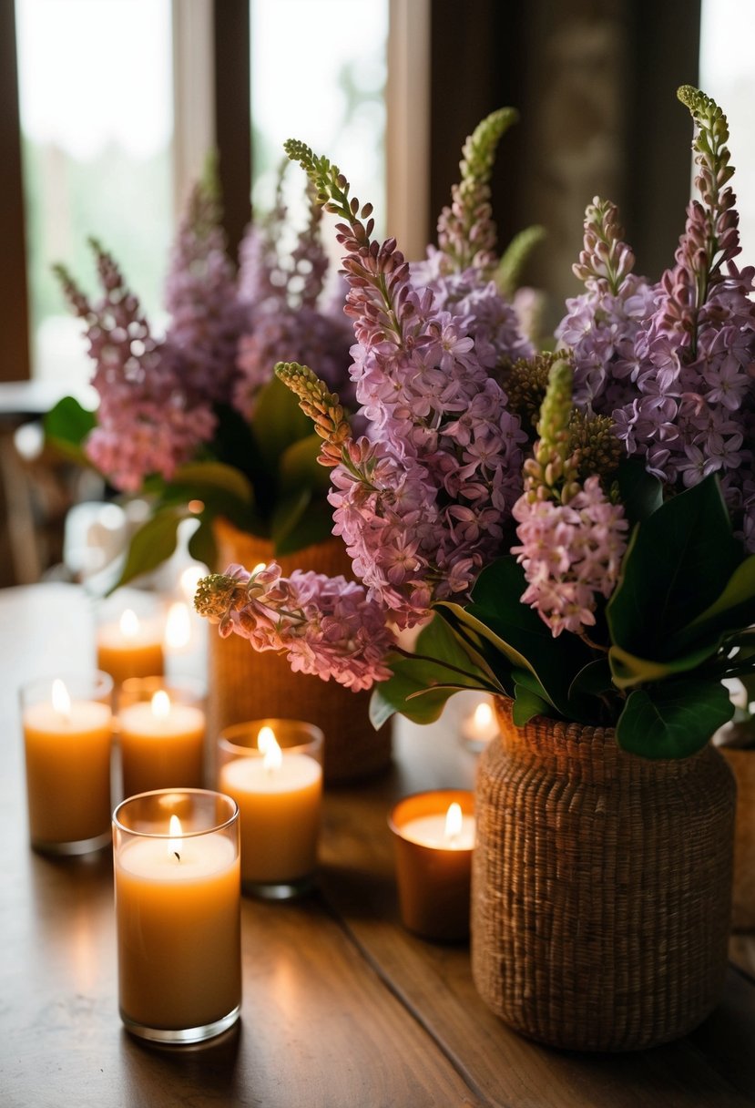 A cozy wedding scene with warm lilac flowers, earthy brown decorations, and soft candlelight