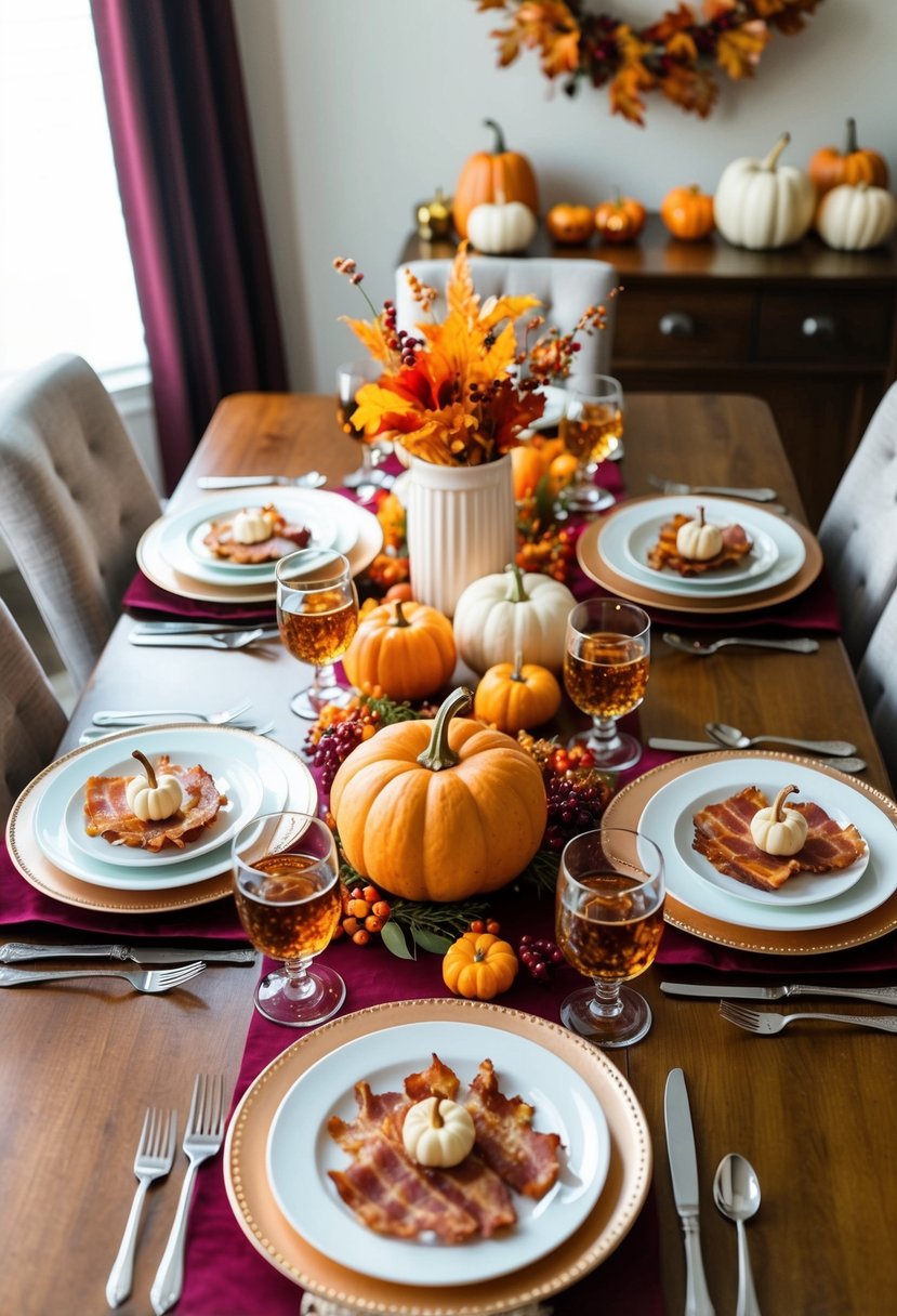 A festive table set with fall-themed decor, featuring bourbon maple bacon dishes and drinks for a bachelorette brunch