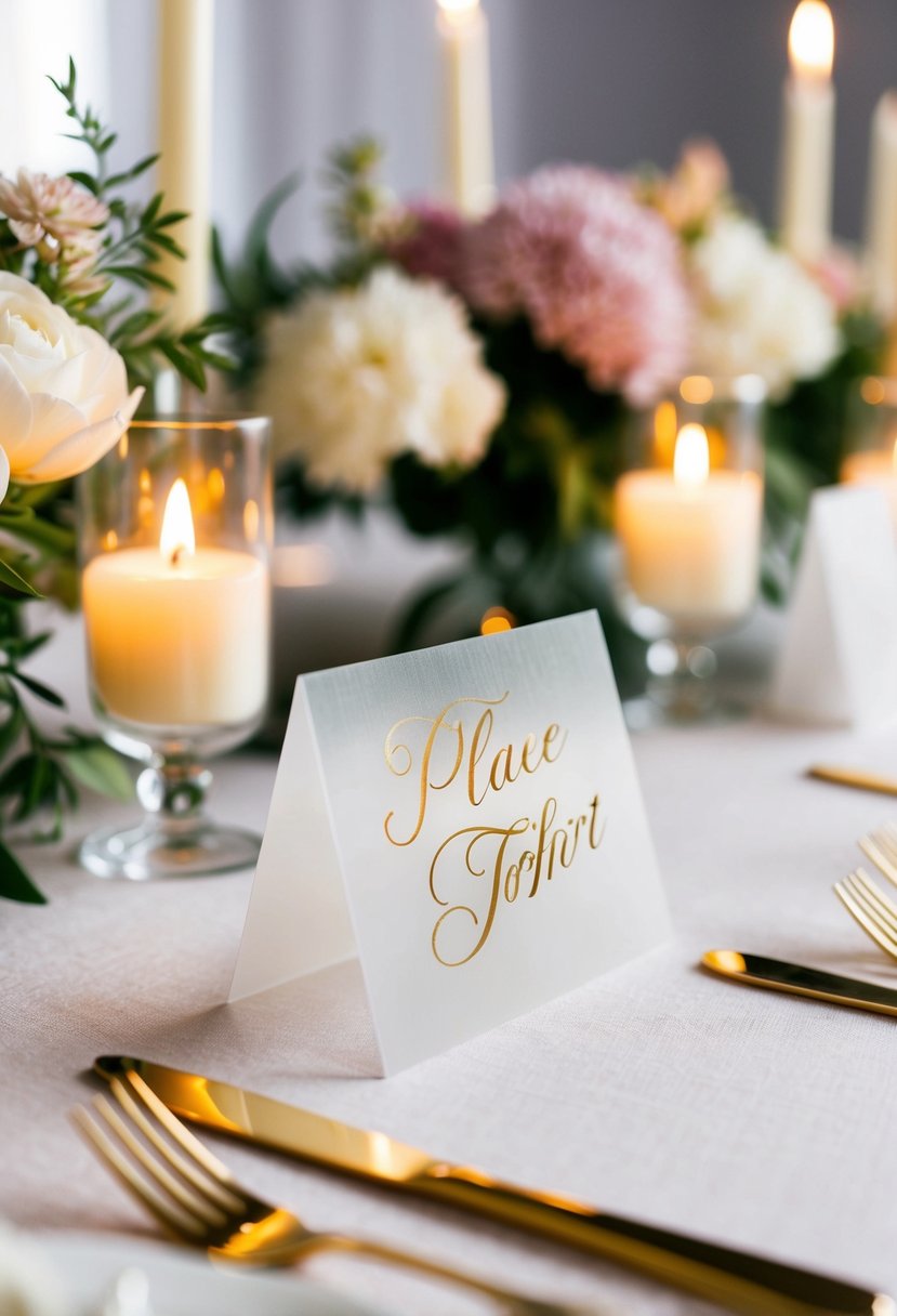 Translucent place cards with gold lettering arranged on a table with delicate floral centerpieces and soft candlelight