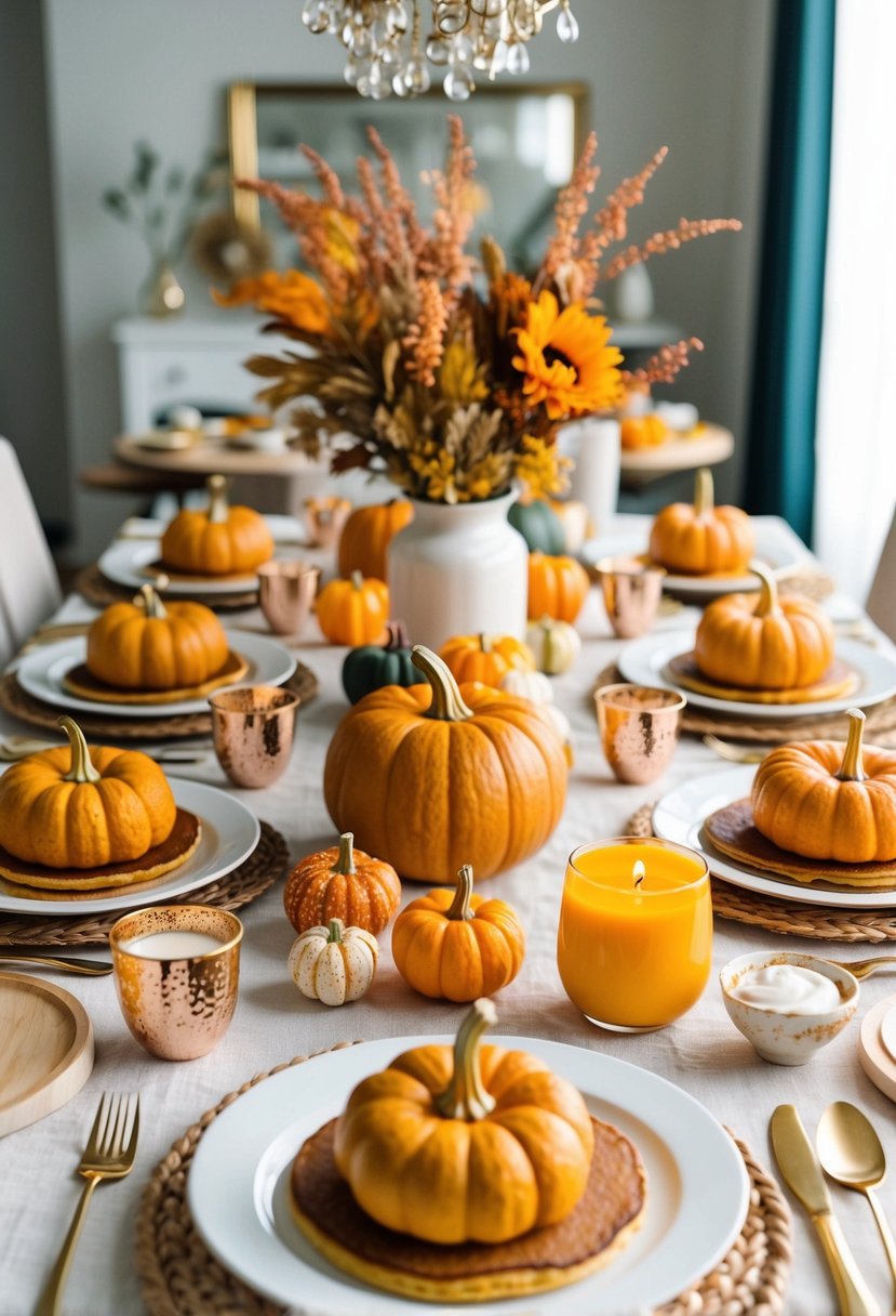 A table set with pumpkin pancakes, fall decor, and brunch items for a bachelorette party