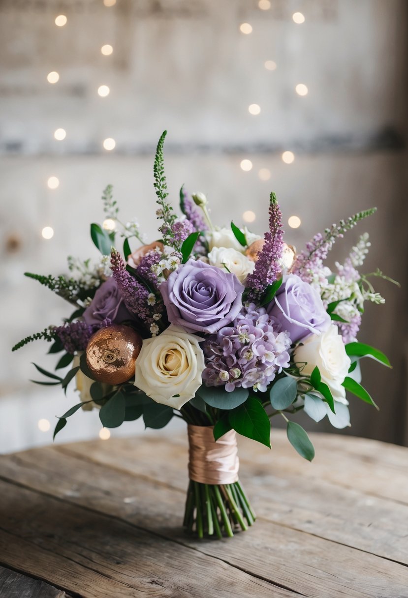 A wedding bouquet featuring lilac and rose gold accents on a rustic wooden table