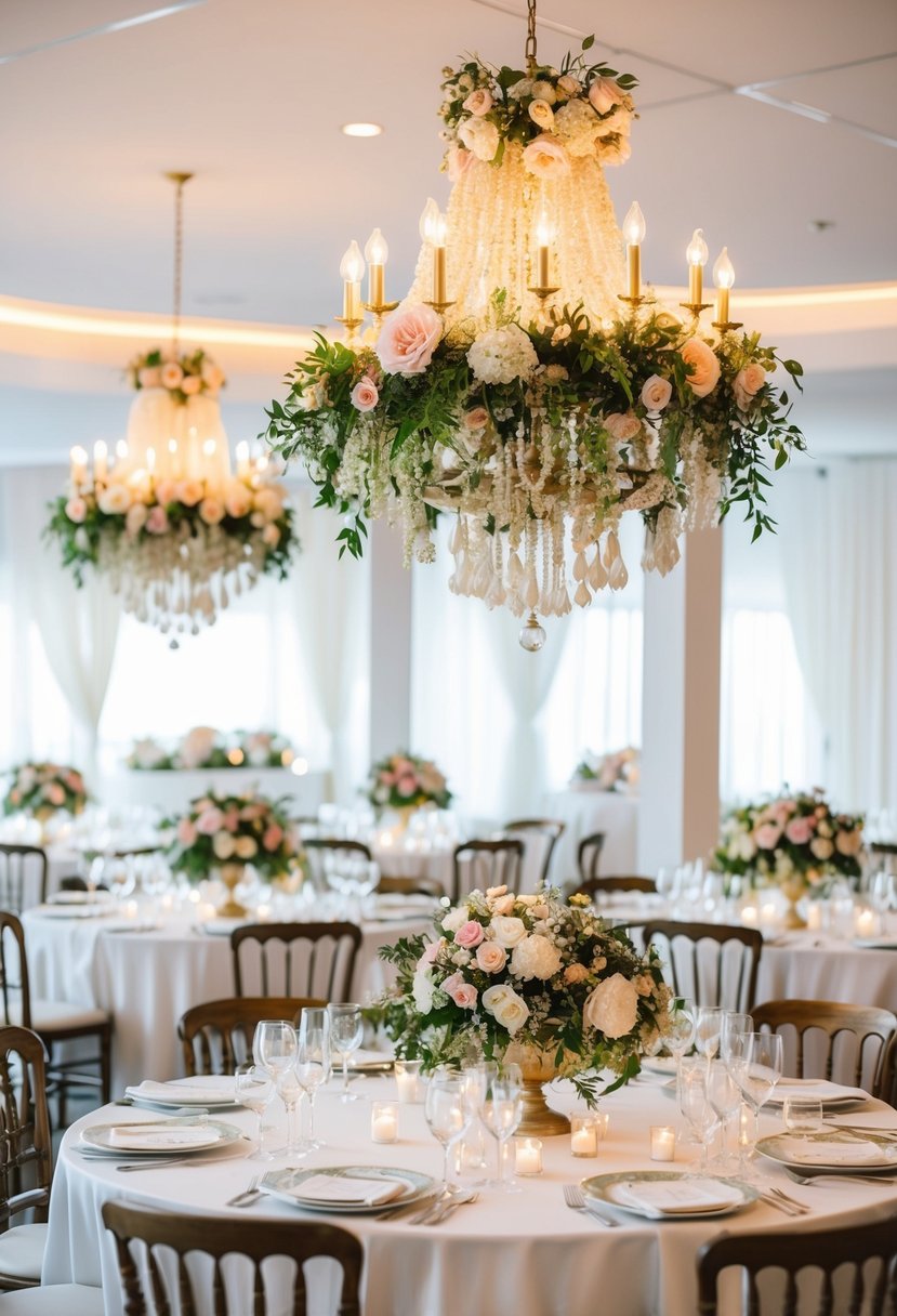 Floral chandeliers hang above elegant tables, creating ethereal wedding decor