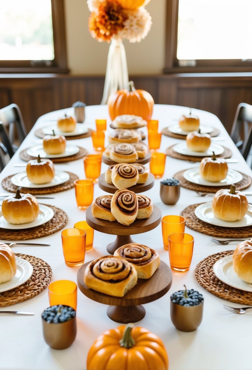 A table set with fall-themed bachelorette party brunch decor, featuring cinnamon roll pastries as the centerpiece