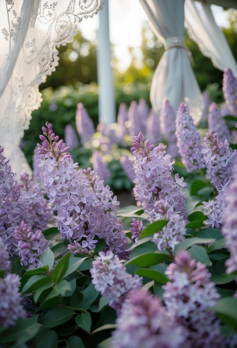 A serene garden filled with lilac flowers and smoky grey accents, set against a backdrop of soft sunlight and delicate lace details