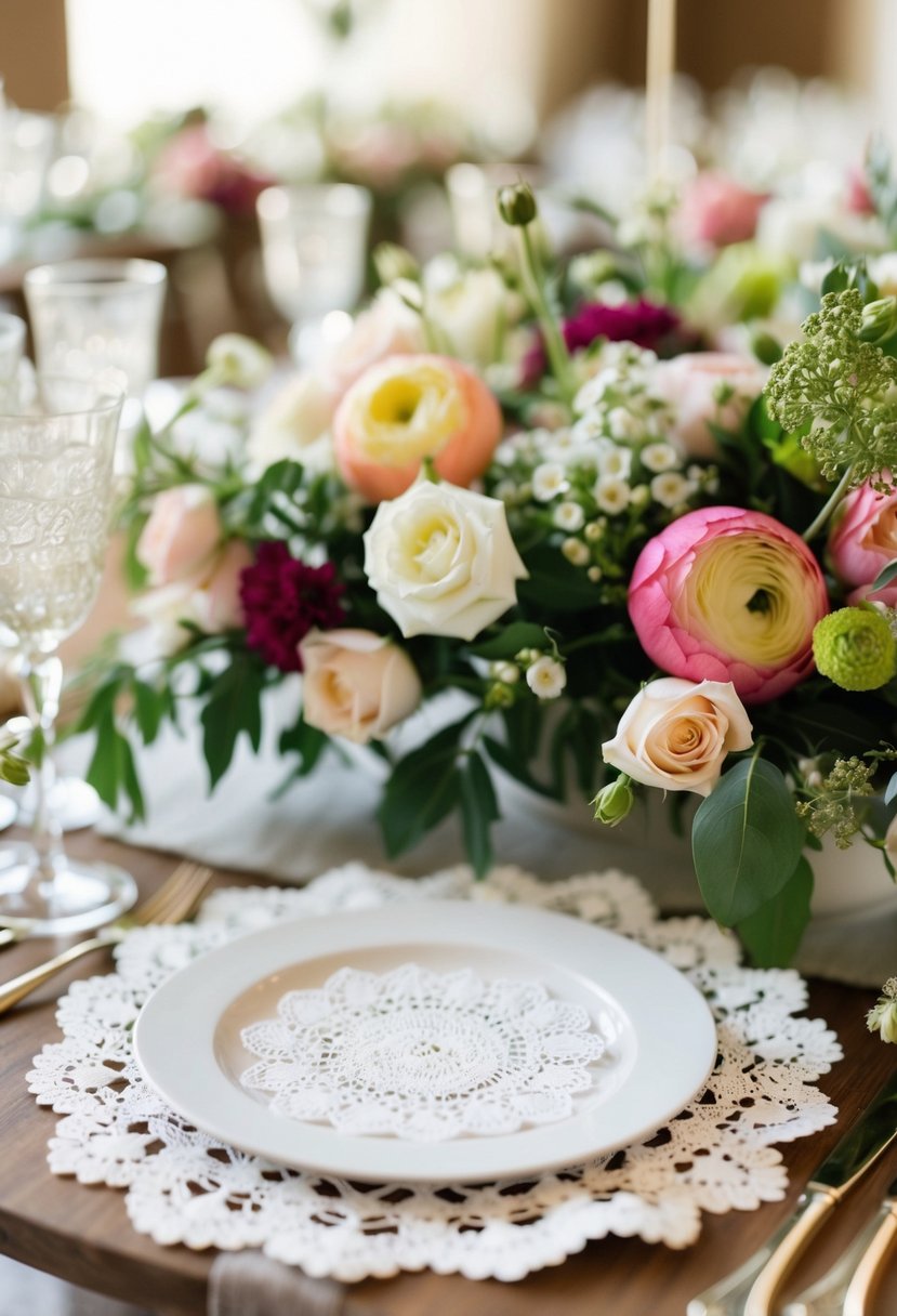 Lace doilies peek out from under floral centerpieces on a dreamy wedding table