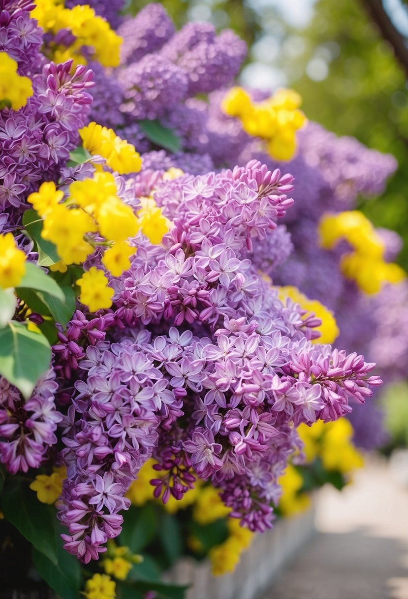 A blooming lilac bush with vibrant yellow accents in a wedding setting