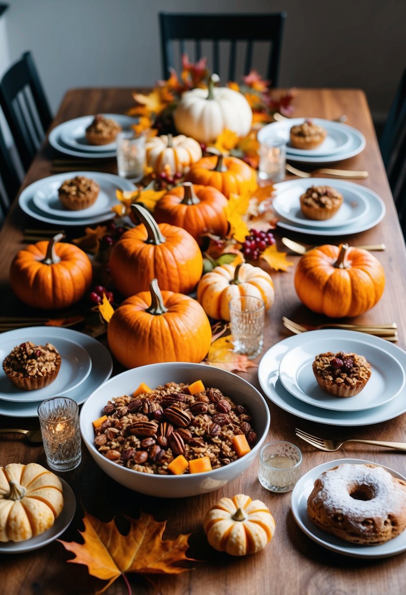 A table set with autumn leaves, pumpkins, and a spread of maple-pecan granola, fruit, and pastries for a bachelorette brunch