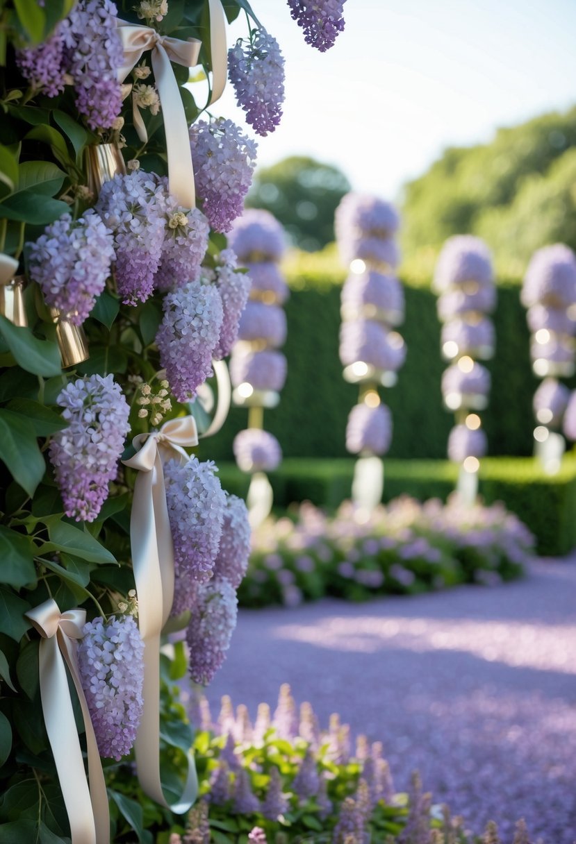 A serene garden adorned with lilac flowers, silver ribbons, and champagne-colored accents