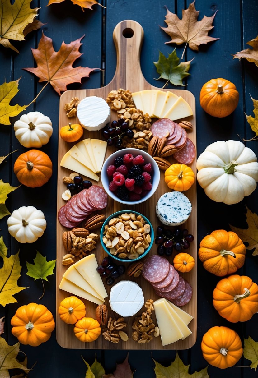 A wooden board adorned with an assortment of cheeses, meats, fruits, and nuts, surrounded by autumn leaves and pumpkins