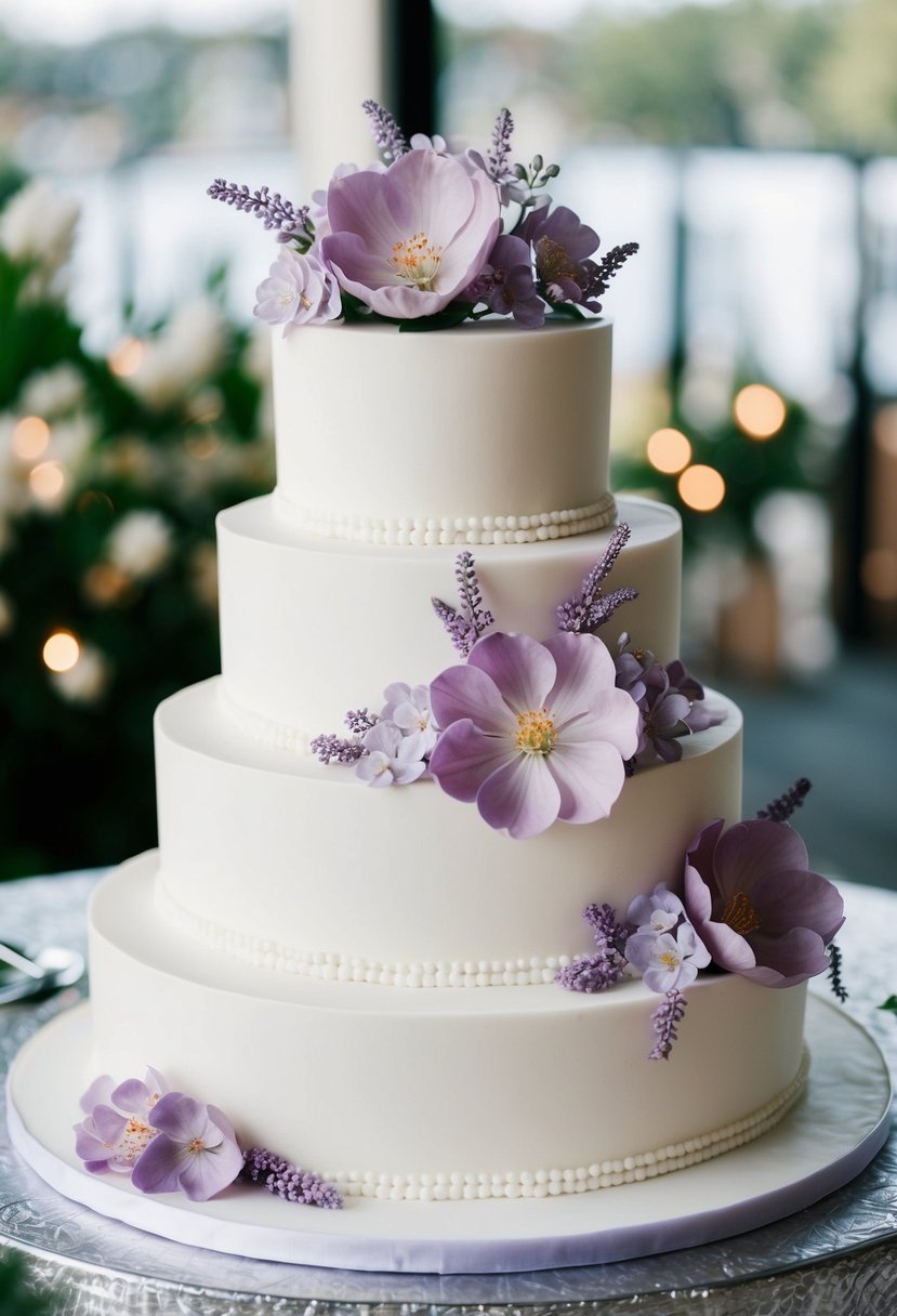 A classic white wedding cake with delicate lilac floral details