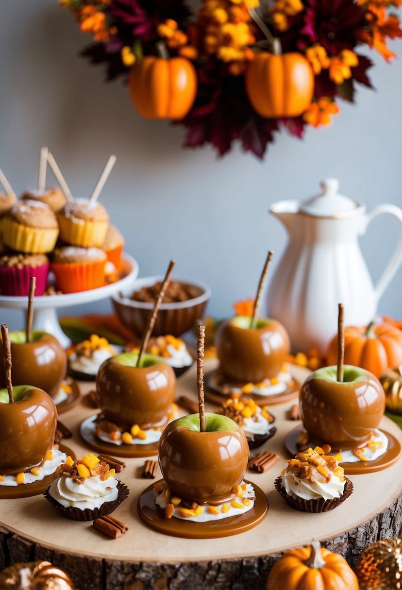 A festive fall-themed spread with caramel apples, assorted toppings, and autumn decor for a bachelorette brunch