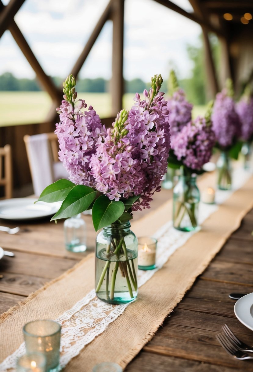 A rustic lilac and burlap wedding scene with lilac flowers, burlap table runners, and wooden decor