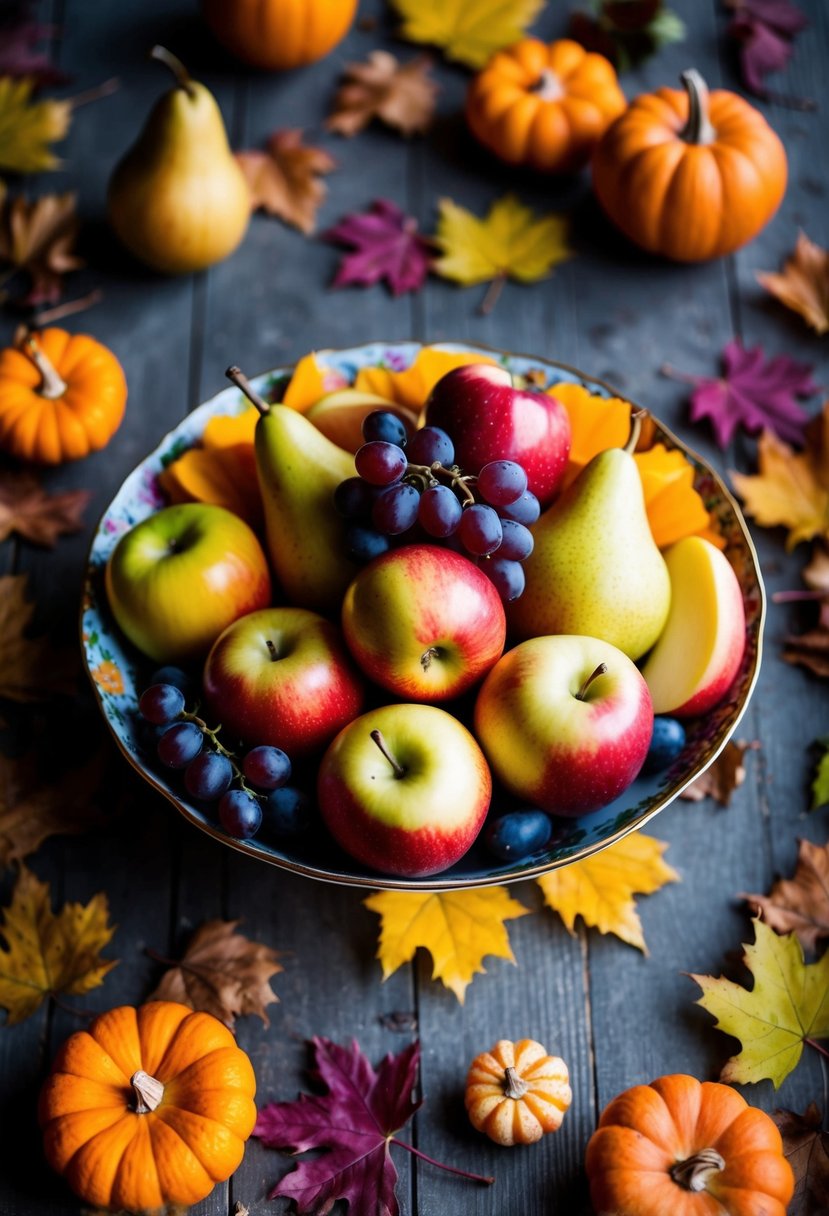 A colorful spread of autumn fruits like apples, pears, and grapes arranged in a decorative bowl, surrounded by fallen leaves and small pumpkins