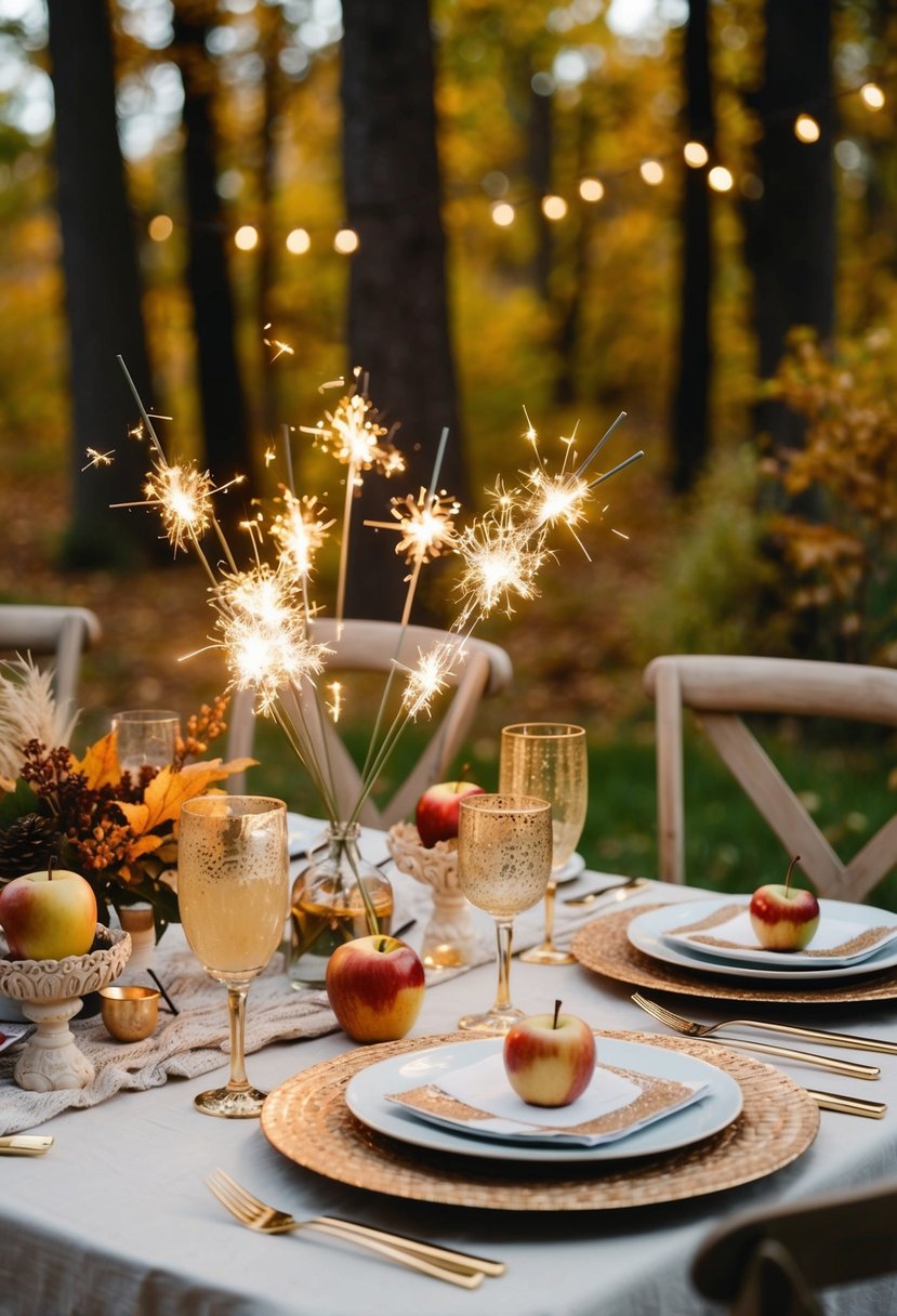 A cozy outdoor brunch with a table set with ginger apple sparklers, fall foliage, and elegant bachelorette party decor