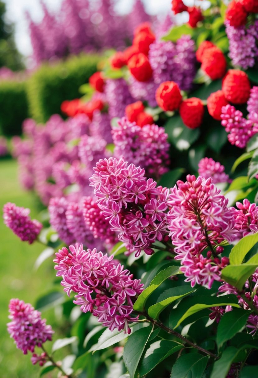 A lush lilac garden with vibrant raspberry red accents