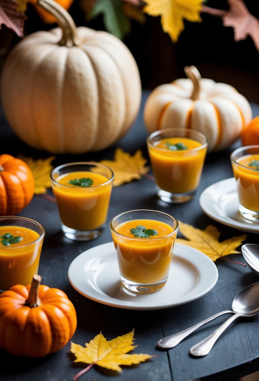 A table set with mini shot glasses of butternut squash soup, surrounded by autumn leaves and decorative pumpkins