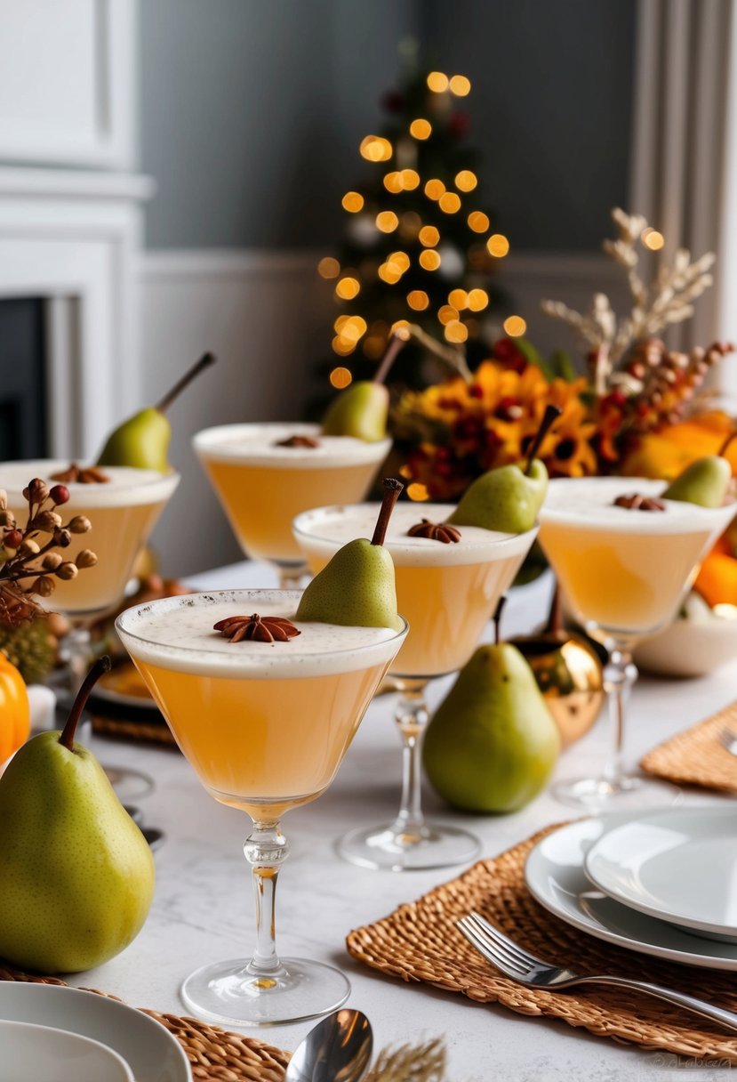 A festive table set with spiced pear Bellinis, autumn decor, and bachelorette party brunch spread