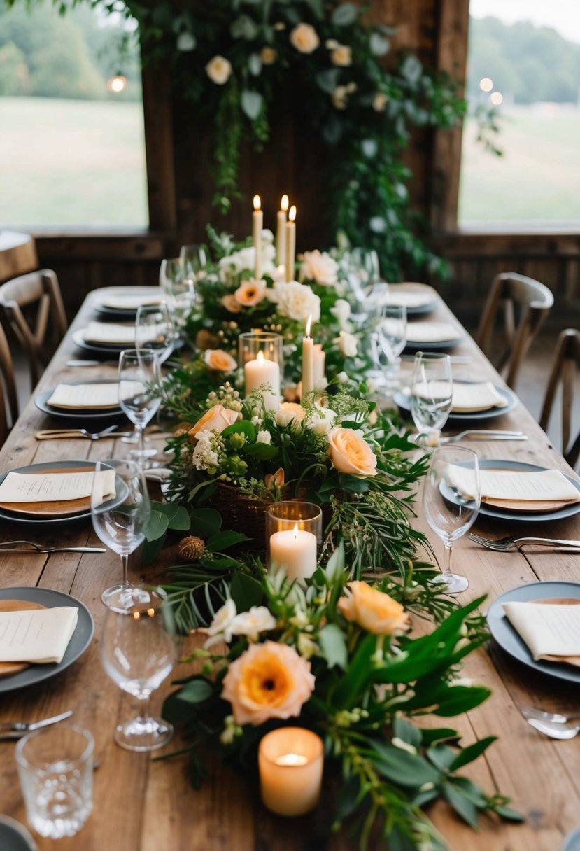 A table adorned with fresh flowers, greenery, and wooden accents, creating a natural and rustic ambiance for a wedding celebration