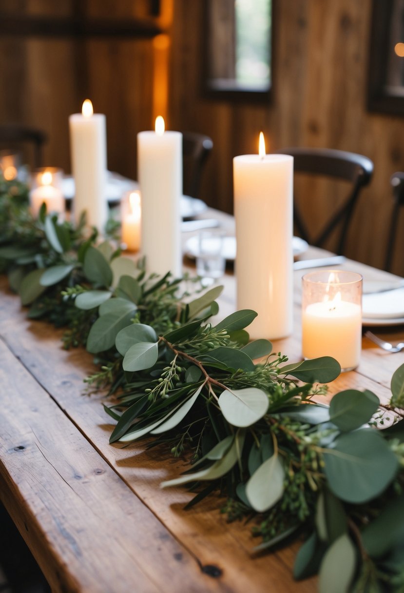 A garland of eucalyptus and olive branches draped across a rustic wooden wedding table, with soft candlelight glowing in the background