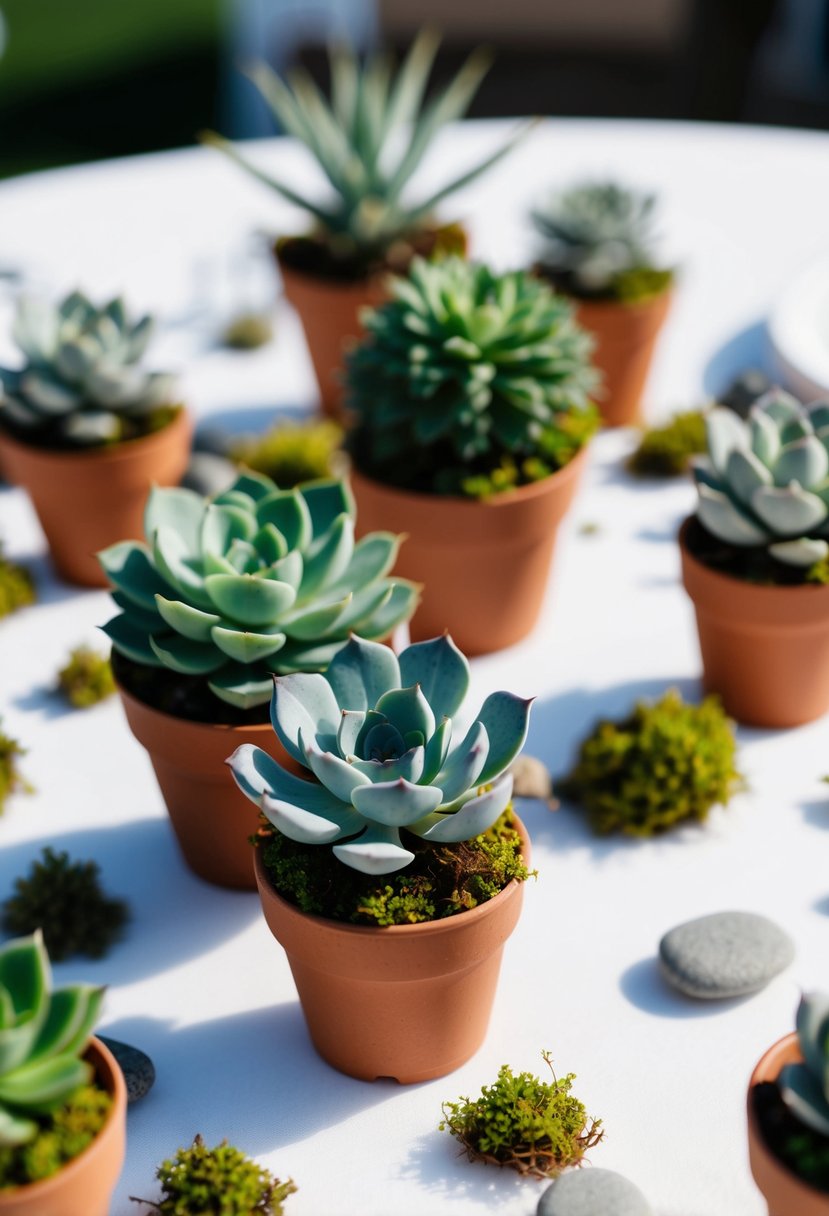 Mini succulent plants arranged in small pots on a wedding table, surrounded by natural elements like moss and small stones