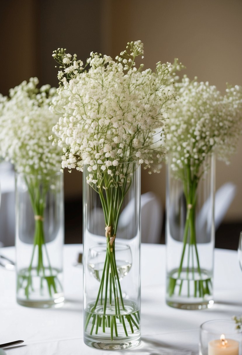 Tall glass vases filled with delicate baby's breath, arranged as natural wedding table decorations