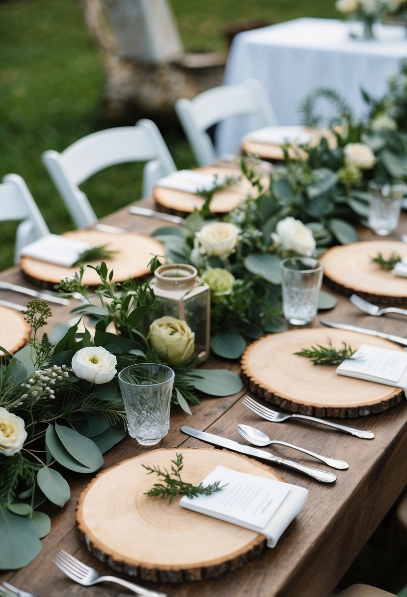 A rustic table set with wooden slice placemats, adorned with greenery and delicate flowers, creating a natural and charming wedding decoration