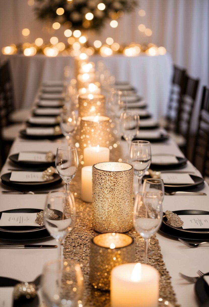 A sparkling table adorned with glittering candles, sequined runners, and shimmering centerpieces