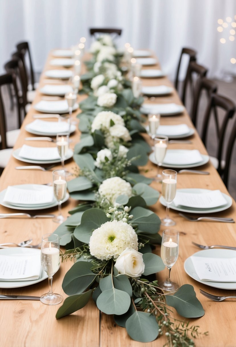 Eucalyptus runners intertwine with white flowers on a natural wooden table, creating a cascading centerpiece for a wedding reception