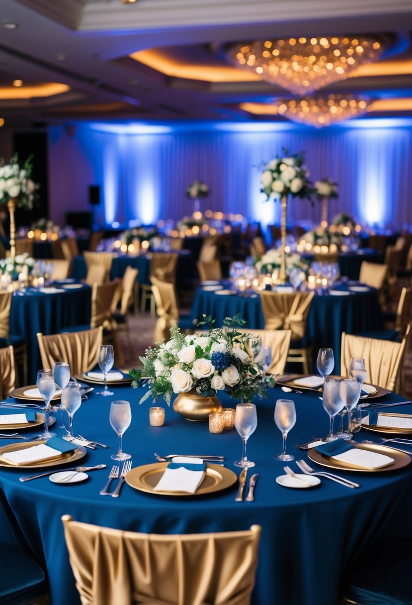 A midnight blue and gold themed wedding reception with elegant table settings and floral centerpieces