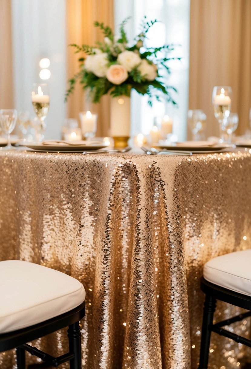 A sparkling sequin tablecloth adorns an elegant wedding table, catching the light and adding a touch of glamour to the decor