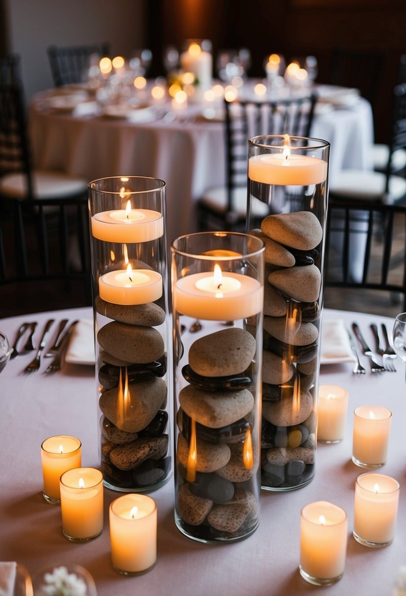 Cylinder vases filled with river rocks, surrounded by flickering candles on a wedding reception table