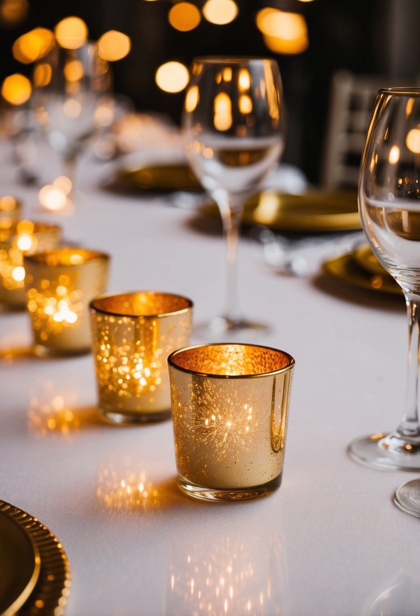 Golden votive holders sparkle on a wedding table, reflecting the warm light and adding a touch of glamour to the decor