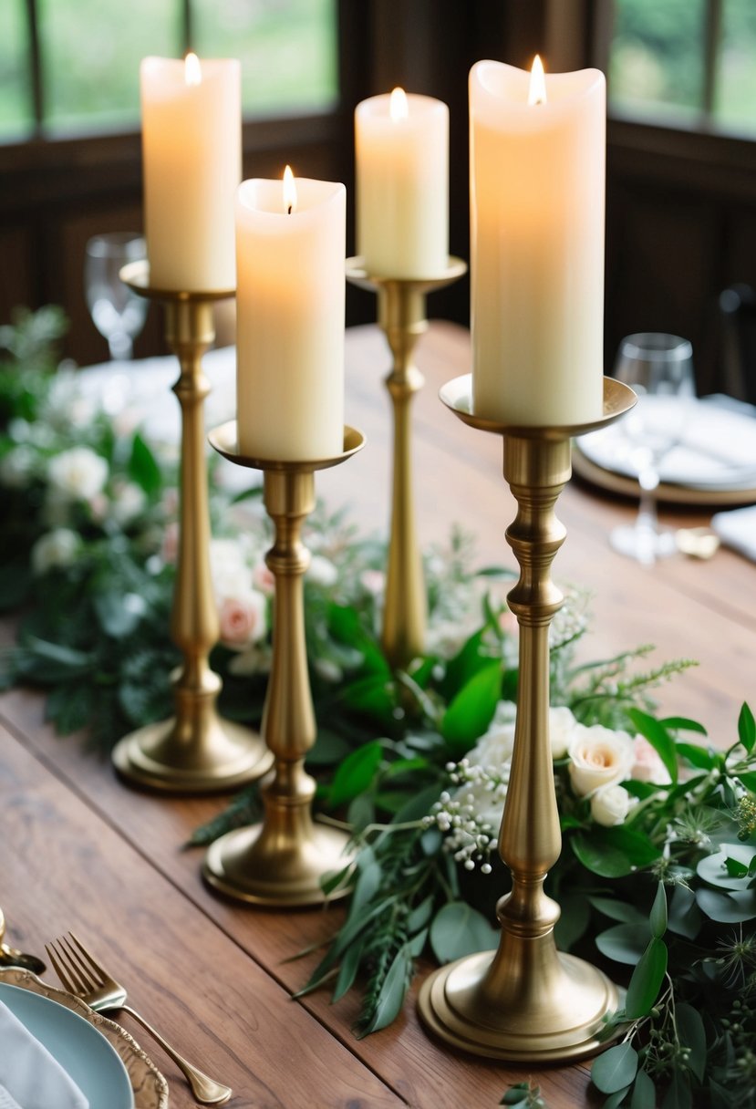 Tall brass candle holders stand on a wooden table, surrounded by greenery and delicate flowers, creating a natural and elegant wedding centerpiece