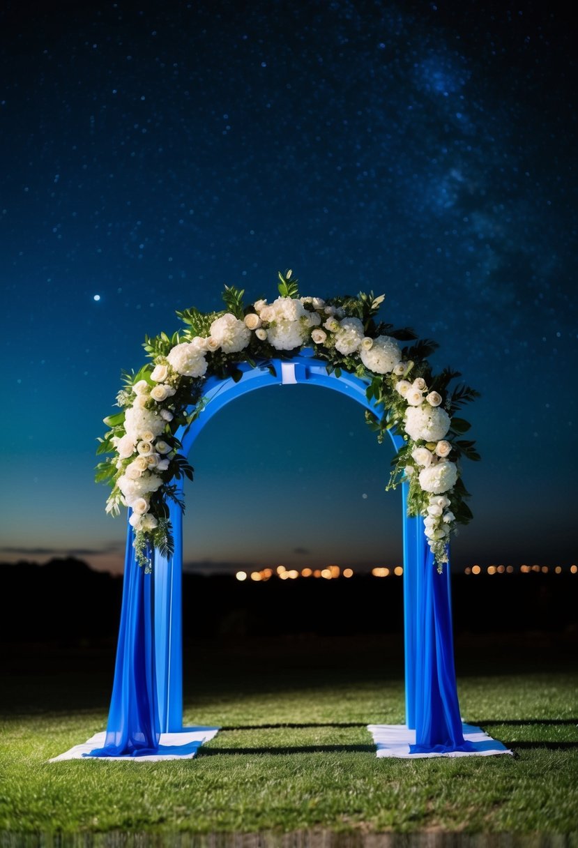 A night blue wedding arch adorned with white flowers under a starry sky