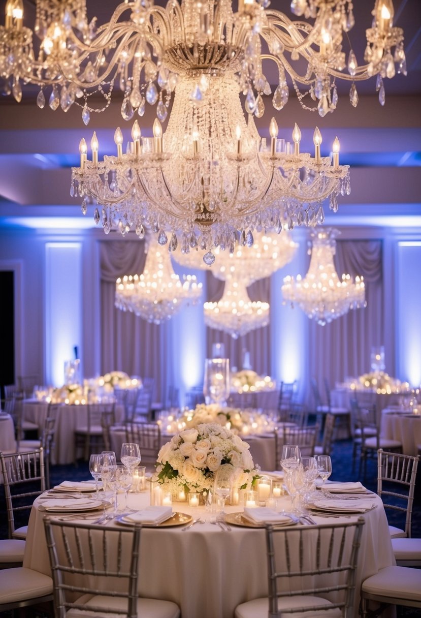 Glistening crystal chandeliers illuminate a lavish wedding table, casting a shimmering glow over the elegant decorations