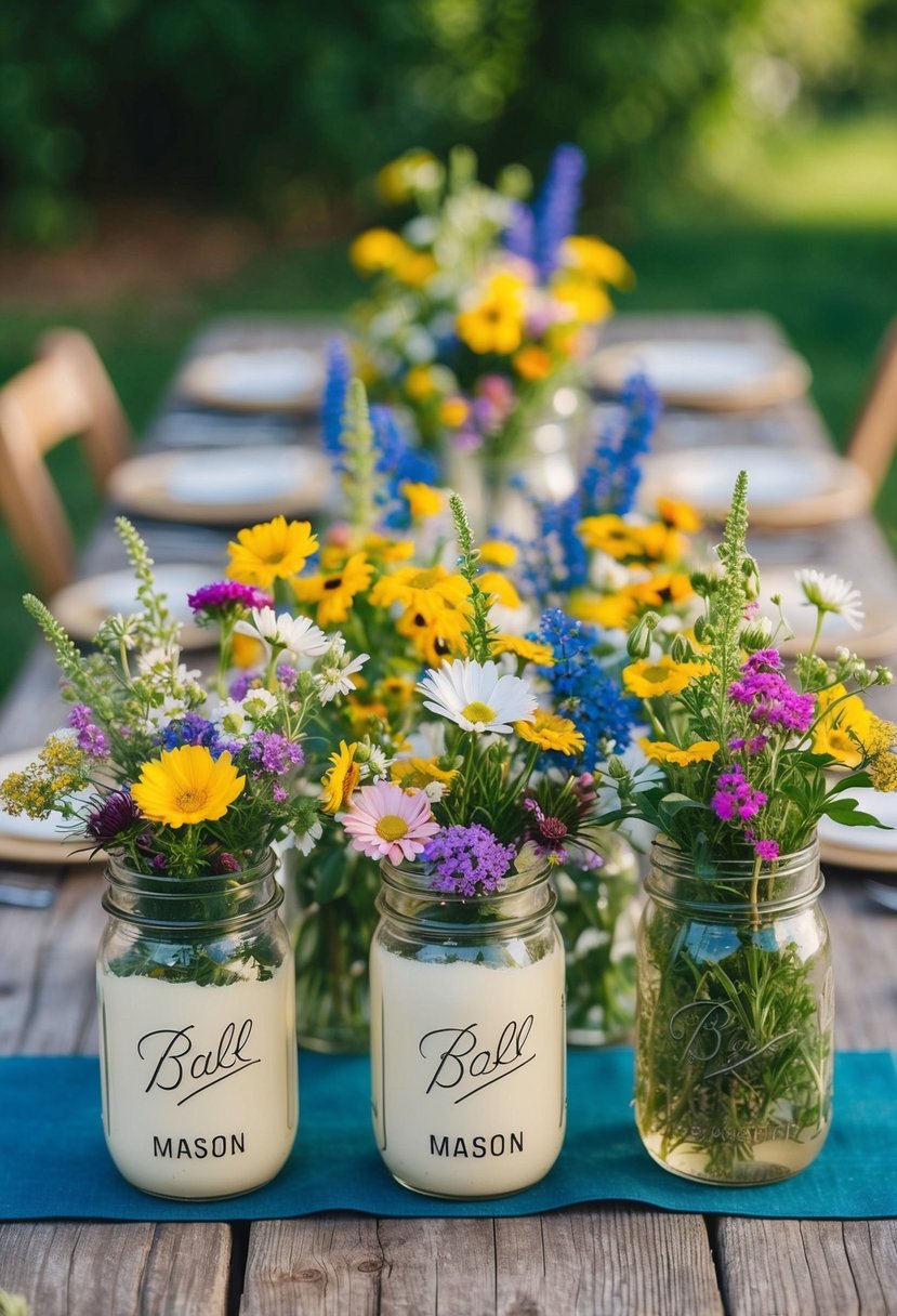 Mason jars filled with colorful wildflowers arranged on a rustic wooden table for a natural wedding decoration