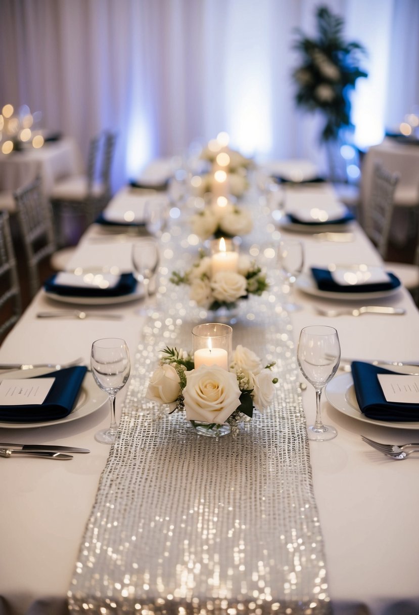 Shimmering silver table runners adorn a wedding reception table, catching the light and adding a touch of elegance to the decor