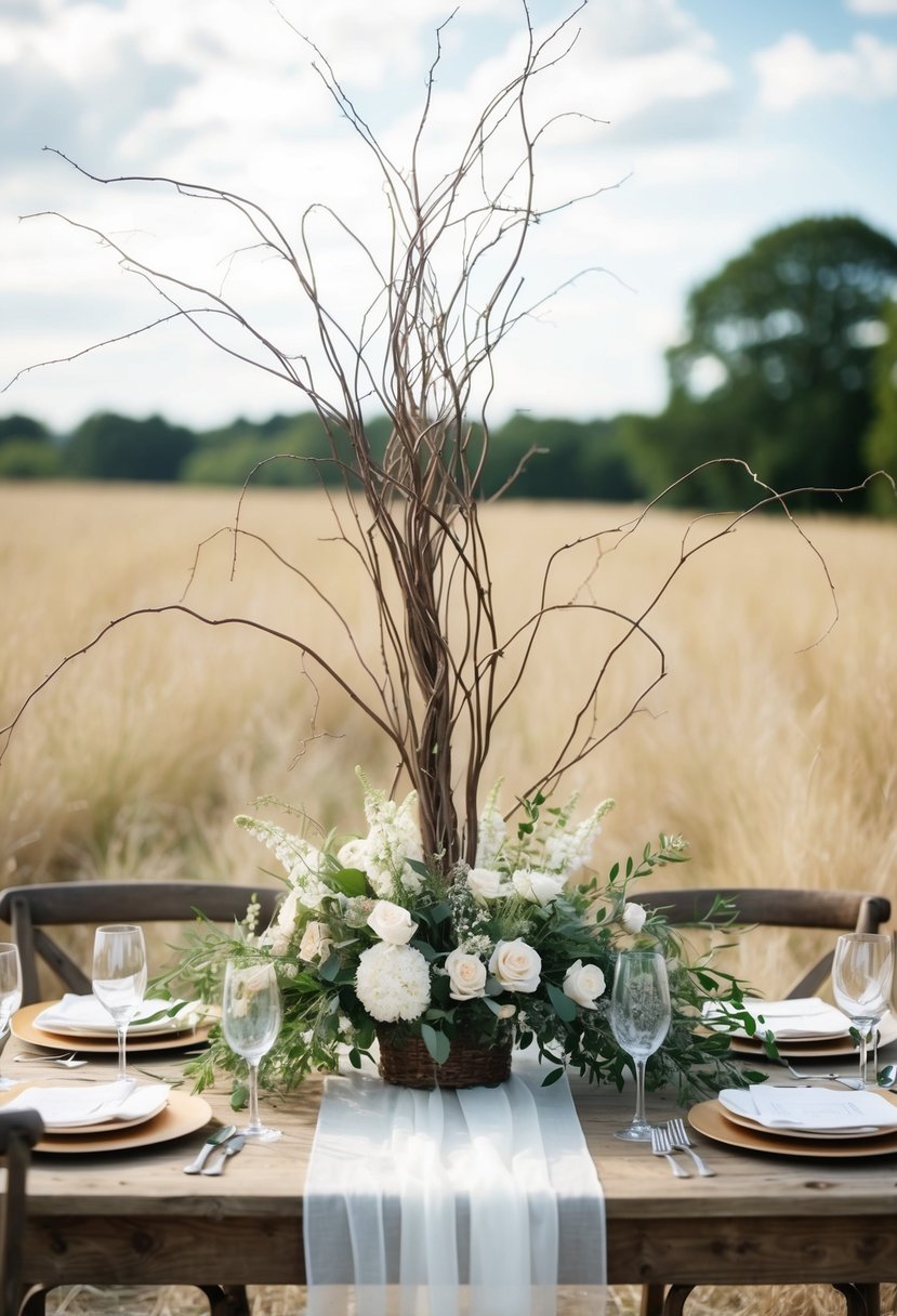 A rustic table adorned with a curly willow and flower arrangement, creating a natural and elegant wedding centerpiece