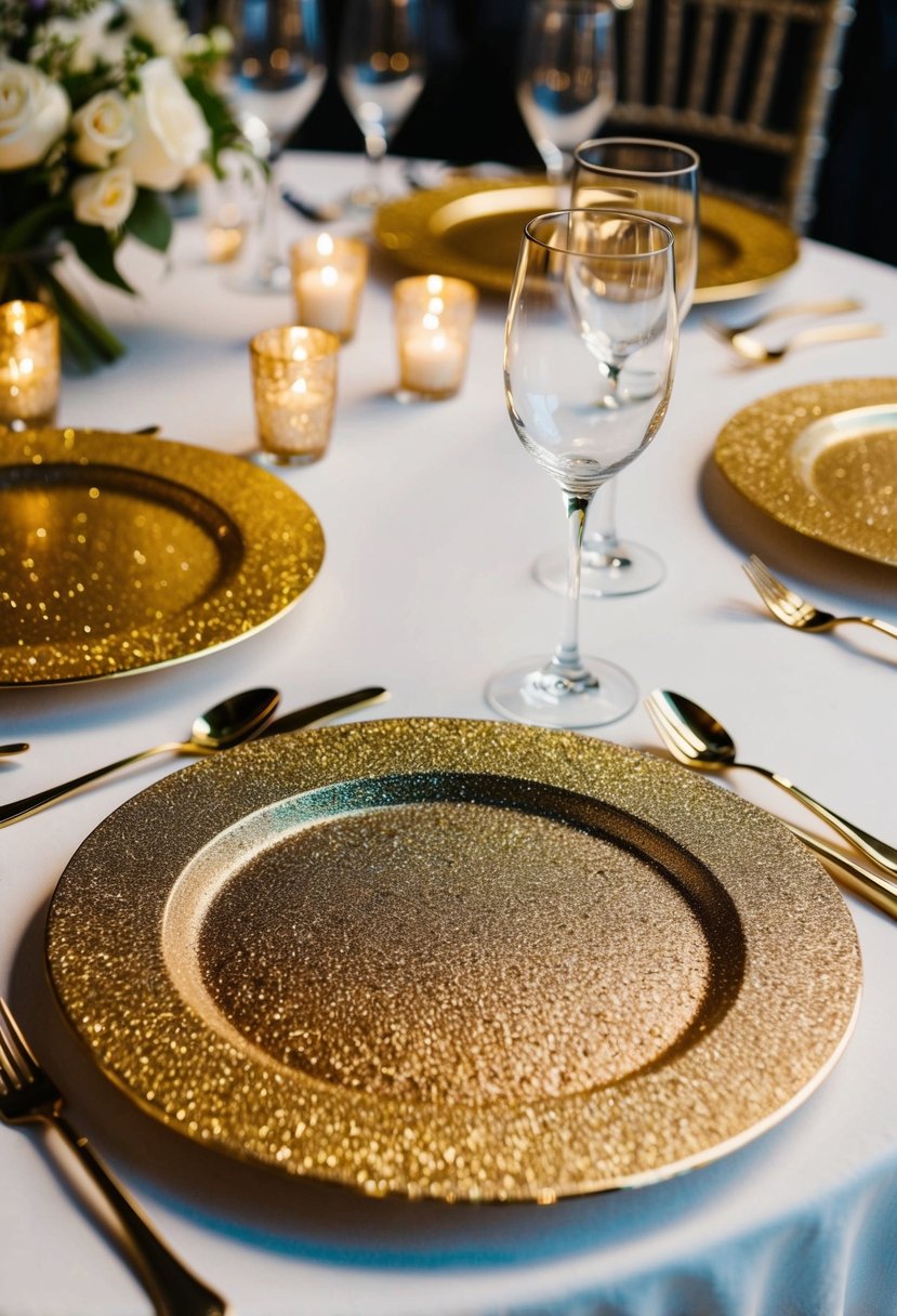 Glittery gold charger plates arranged on a wedding reception table, sparkling and reflecting the light, creating a glamorous and luxurious atmosphere