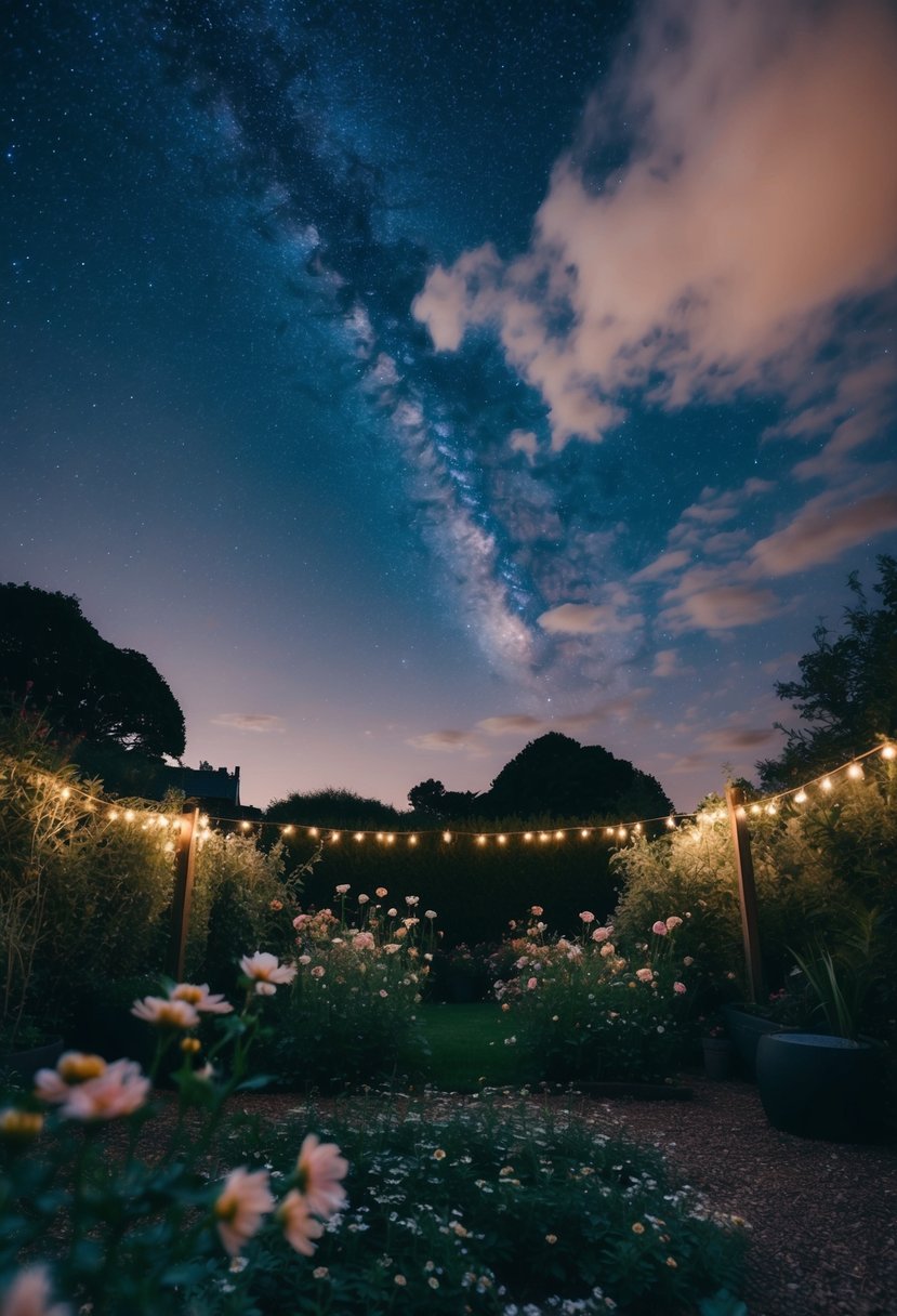 A starry night sky with deep blue and blush hues, a moonlit garden with delicate flowers and twinkling lights