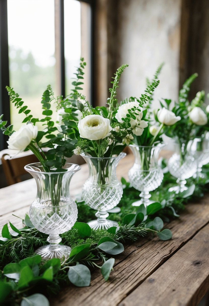 Clear cut-glass vases arranged with greenery and white flowers on a rustic wooden table