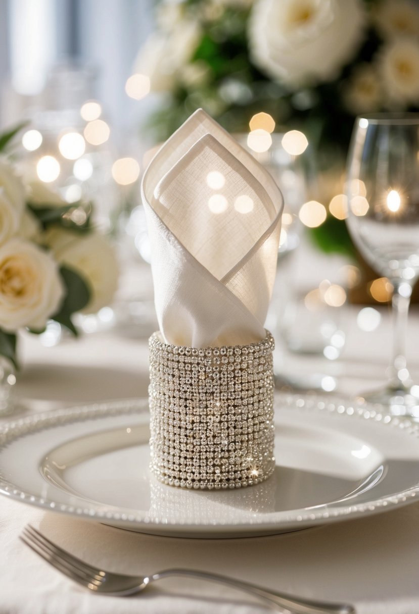 Sparkling beaded napkin rings adorn a wedding table, catching the light and adding a touch of glamour to the elegant setting