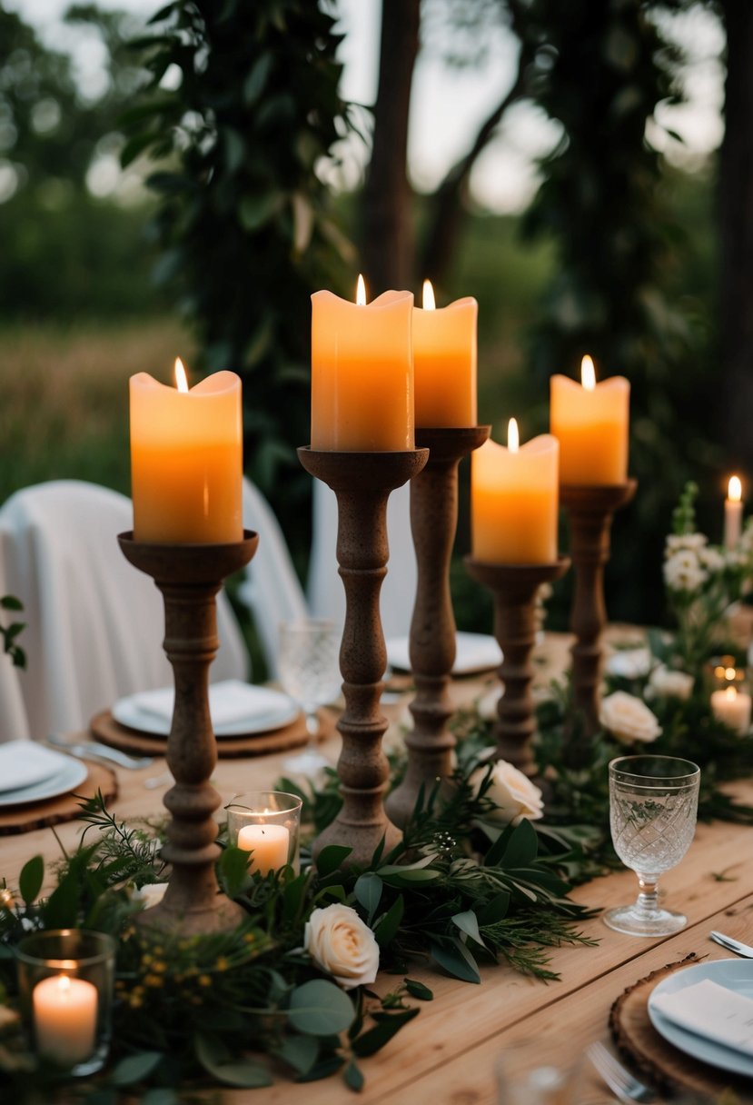 Beeswax candles in rustic candlesticks illuminate a natural wedding table, surrounded by greenery and soft floral accents