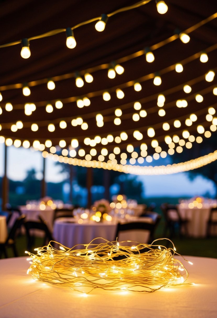 Twinkling LED String Lights adorn a wedding table, casting a warm and romantic glow