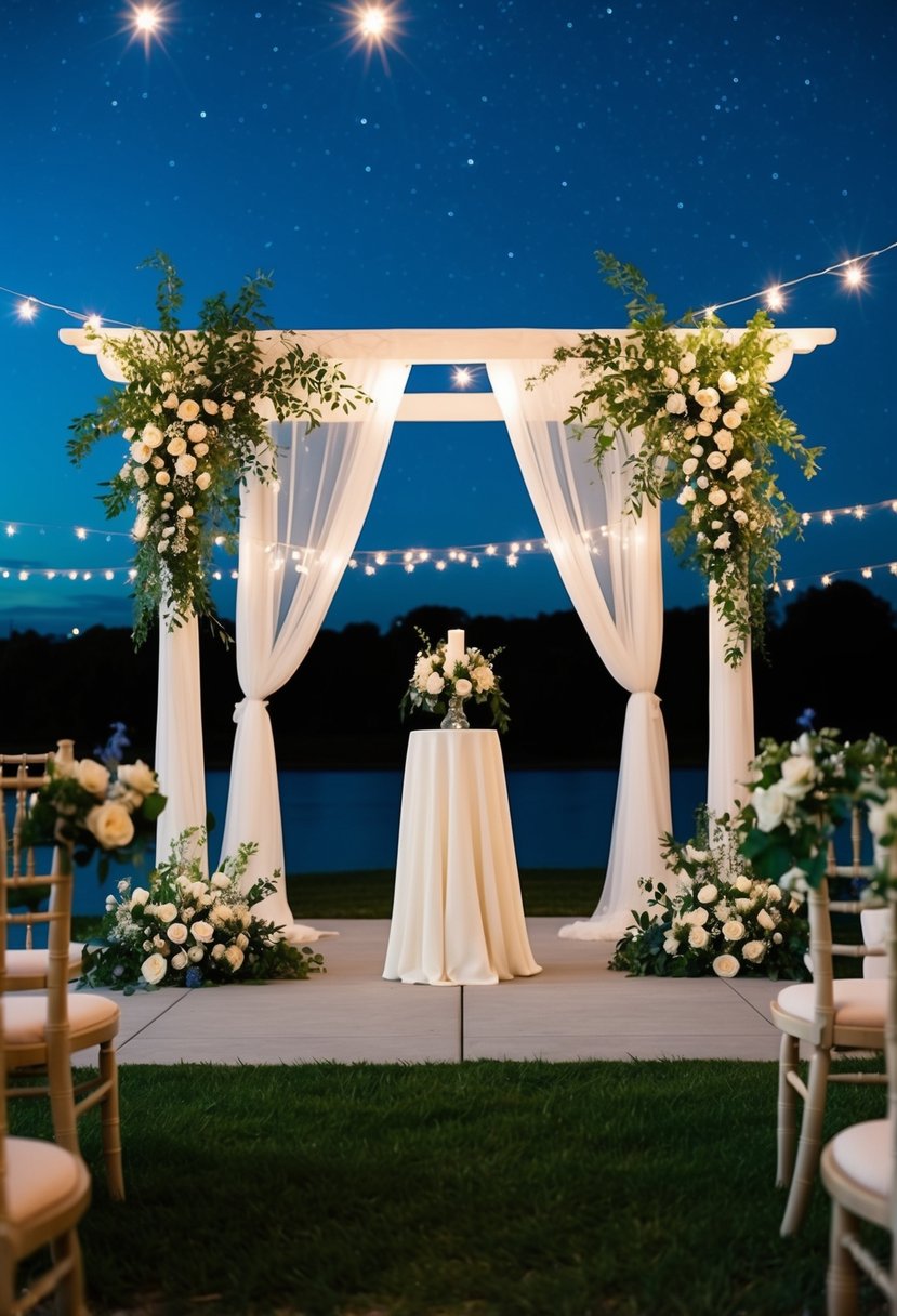 A serene evening wedding scene with ivory and night blue decor, under a starry sky with twinkling lights and elegant floral arrangements