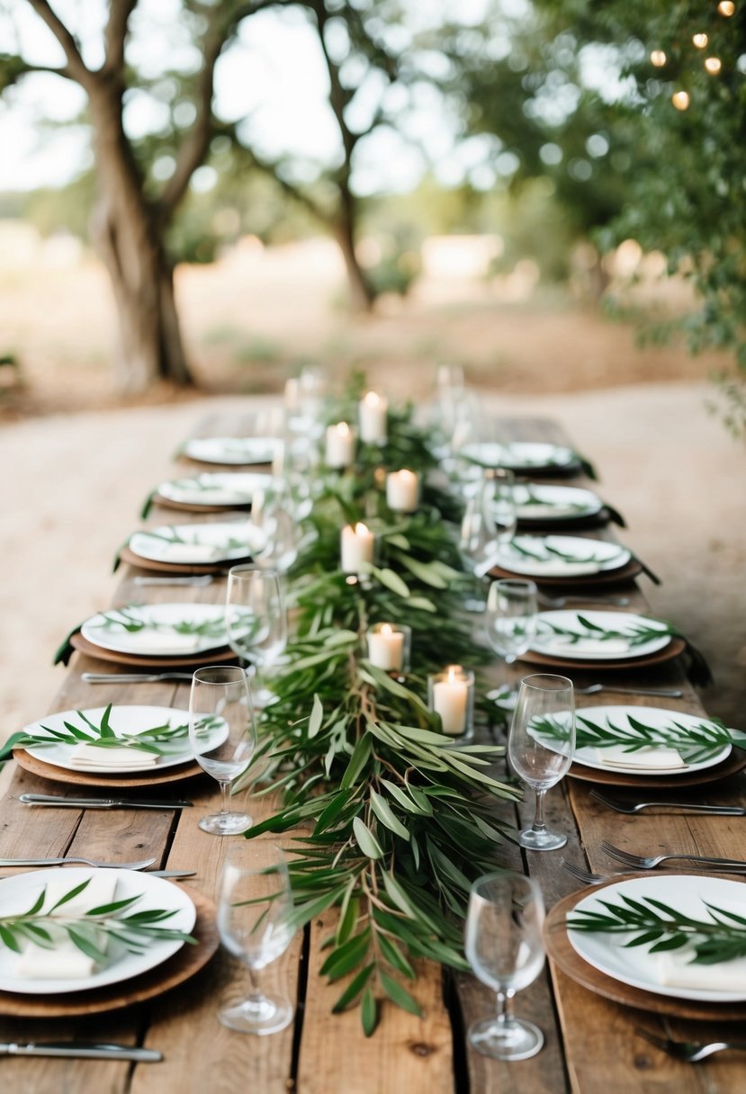 A rustic wooden table adorned with leafy branch centerpieces, creating a natural and earthy ambiance for a wedding celebration